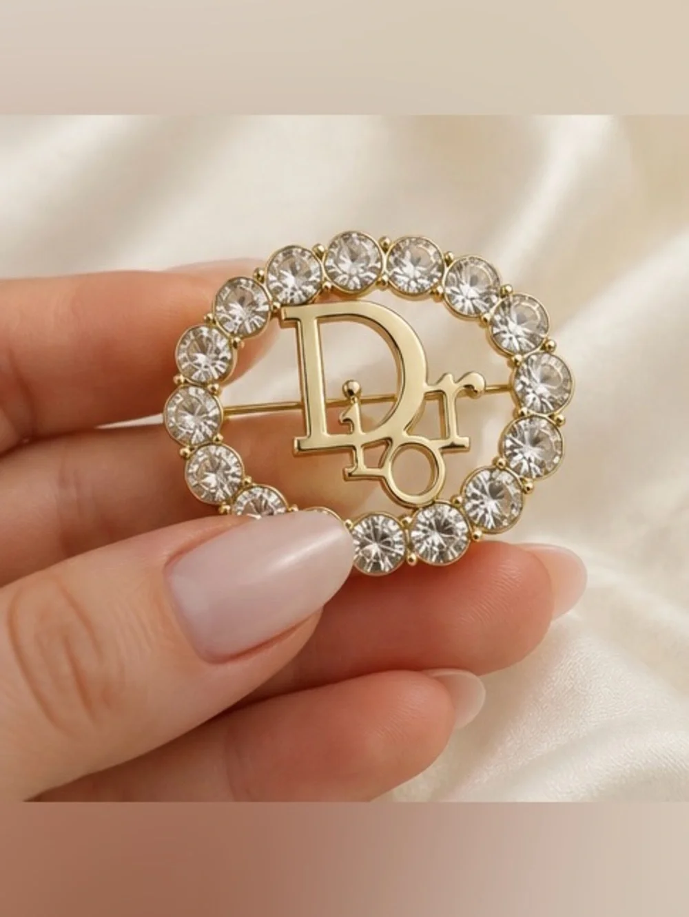 Gold Tone Rhinestone Logo Style Statement Brooch Pin